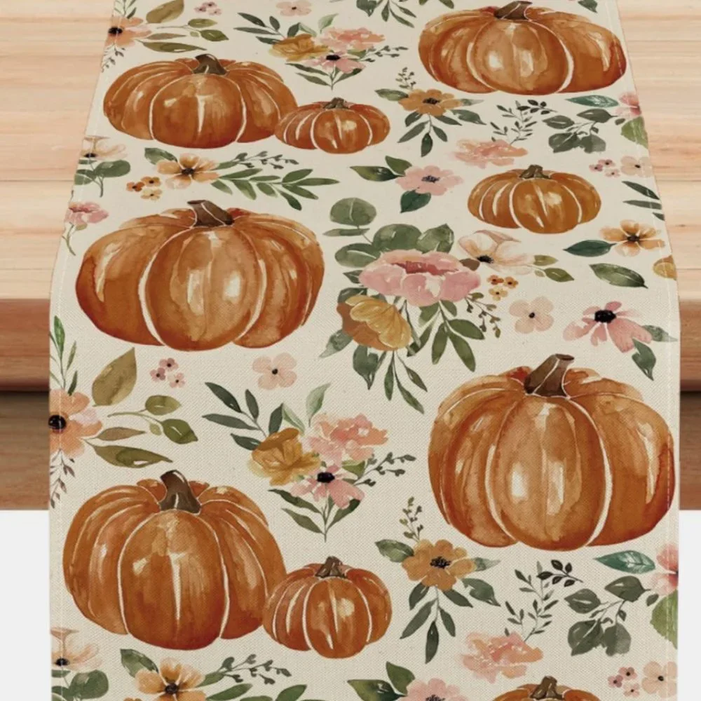 Pumpkin Table Runner Decorative Cloth Floral Decor Fall Decoration Thanksgiving